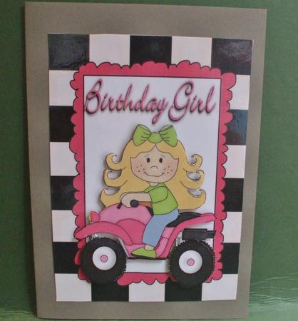 Birthday Girl on Pink Quad Bike A4 by Christine Young