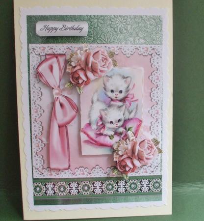 Playful Kittens with Pink Roses 8x8 by Christine Young