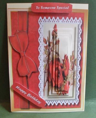Beautiful Red Roses on Battenburge Lace ,pyramid by Christine Young