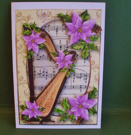 Christmas Harp with Sheet Music & Purple Poinsettias by Christine Young