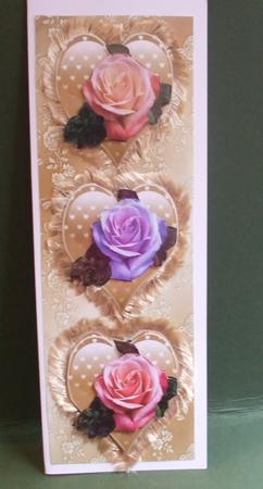 Gold Frilly Hearts With, Peach, Lilac, & Pink Roses Tall Dl by Christine Young