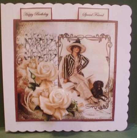 Lady and Her Dog Card with Rose Decoupage by Christine Young