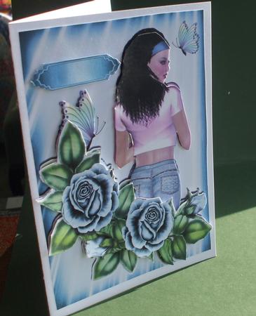 Pretty Girl with Blue Roses & Butterflies by Christine Young