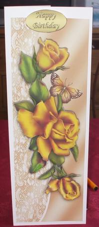 Beautiful Gold Roses on Lace with Butterfly Tall Dl by Christine Young
