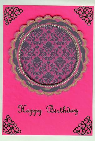 Cerise Black Damask Round Scallop Base and Shaker Frame by Christine Dixon