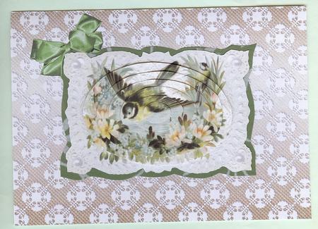 Pretty Bird with Flowers on Ecru Lace, Pyramids by Christine Dixon