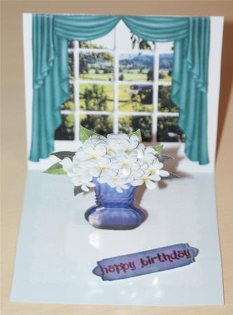 White Flowers in a Blue Vase in the Window 3D Decoupage Ease by Christine Dixon