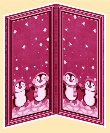 Cerise Penguin Duo Dl Folded Card Insert by Christine Dixon