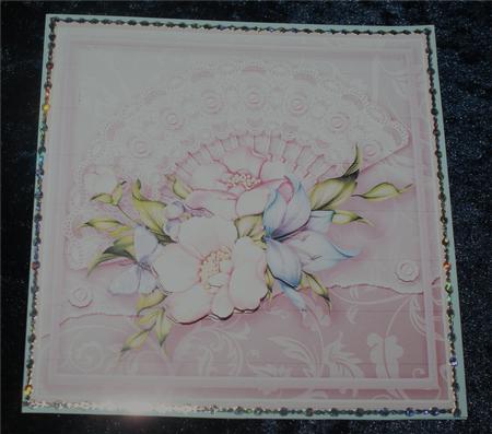 Pink Anemones on a Lace Fan 8in x 8in Decoupage by Christine Dixon