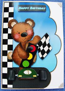 Racing Bear Scalloped Card Front by Cindy Thompson