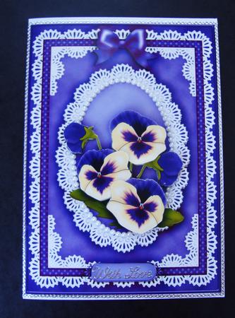 A5 Pansy, Lace and Pearls Quick Card with 3D Decoupage by Cindy Thompson