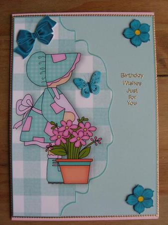 Little Bonnet Girl with Flowers, on Scalloped Envelope by Cindy Thompson