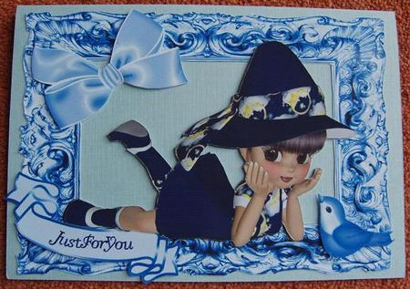 Little Girl with Blue Bird in Blue Baroque Frame by Cindy Thompson