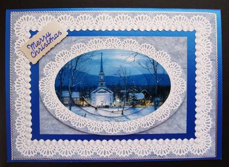 Church in the Snow - Oval Pearls & Lace Quick Pyramid Card by Cindy Thompson