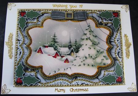 Christmas Snow Scene Gold Lace 7x5inch Duo Corner Stack Card by Cindy Thompson