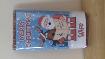 Xmass Singing Santa & Rudolph Wife Chocolate Wrapper by Claire Dyas