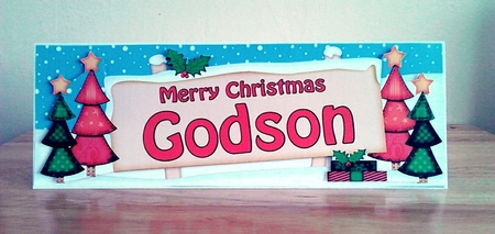 large DL Christmas GODSON Trees Signpost Easicut decoupage by Claire Dyas