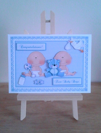 Baby Boy Twins card with 3D teddy, rattle, stork & soother by Claire Dyas