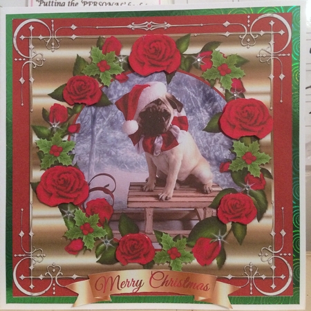SANTA PUG ON SLEIGH quick card topper by CLAIRE JENKINS