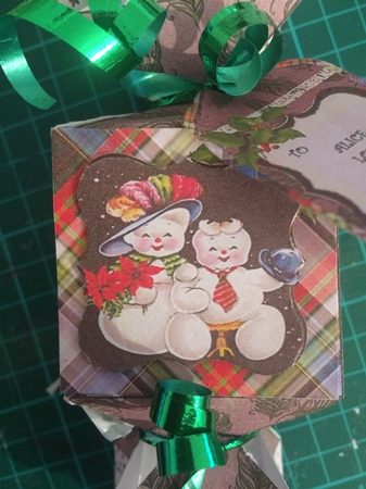 3D Vintage Christmas Snowman Couple Decoupage Cracker Box with Gift Tag by CLAIRE JENKINS