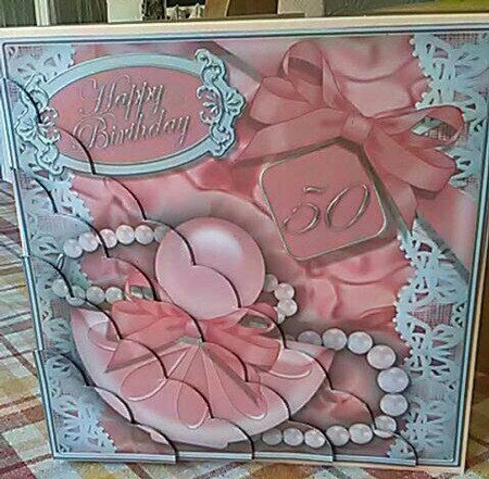 50th Birthday Perfume Lace & Pearls Scalloped Corner Stacker by CLAIRE JENKINS
