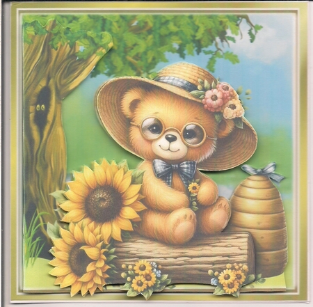 Cute Teddy Bear In Sun Hat With Sunflowers/Woodland 8x8 by COLETTE MORRIS