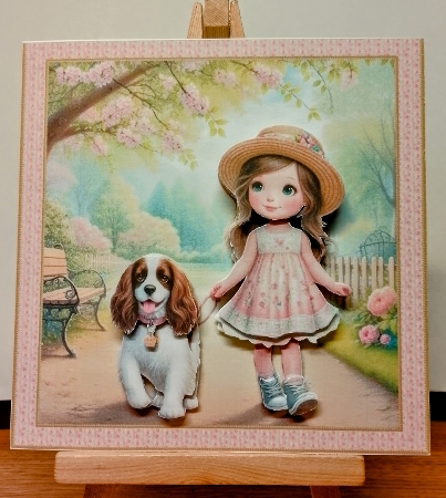Girl  Walking her Springer Spaniel in the Park 6 inch Card Front, Gift tag & Decoupage 2.jpg by COLETTE MORRIS