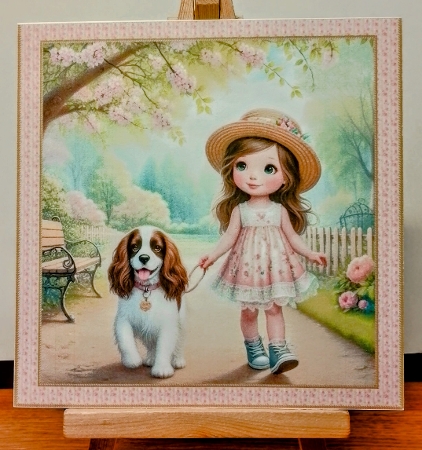 Girl  Walking her Springer Spaniel in the Park 6 inch Card Front, Gift tag & Decoupage 2.jpg by COLETTE MORRIS