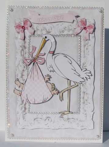 Cute Baby Girl with Stork in Silver Frame A4 by Colleen Willcox