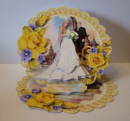 Lemon Roses Bride and Groom Scalloped Round Easel Card by Cornelia Orgahs
