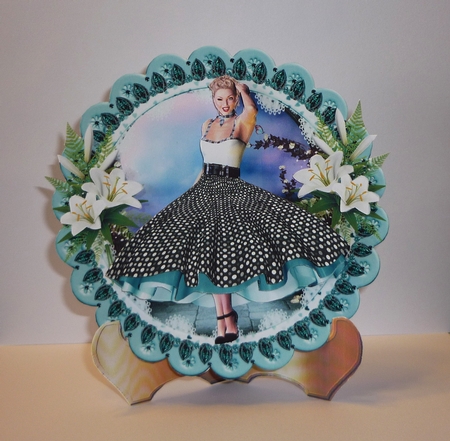 Flirty Rock and Roll Lady Scalloped Round Easel Card by Cornelia Orgahs