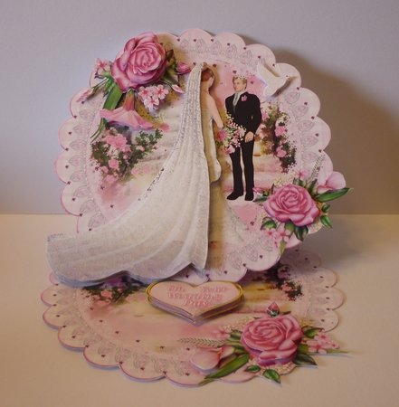 Pink Roses Bride and Groom Scalloped Round Easel Card by Cornelia Orgahs