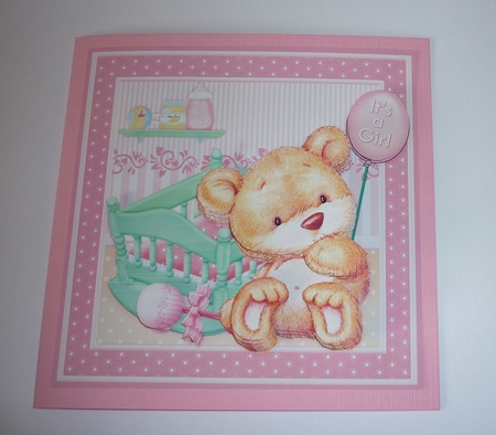 New Baby Girl Bear & Cradle 8x8 Decoupage Mini Kit by Cornelia Orgahs