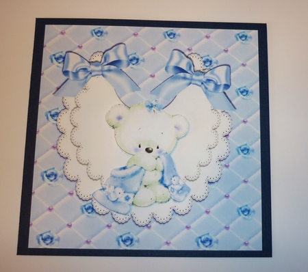 Cute little baby bear on lace bib with blue bows 8x8 by Cornelia Orgahs