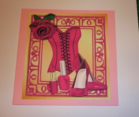 Pretty cerise corset, red rose, and red lippy in ornate 8x8 frame by Cornelia Orgahs