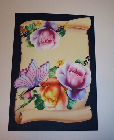 Beautiful roses with berries & purple butterflies on a scroll by Cornelia Orgahs