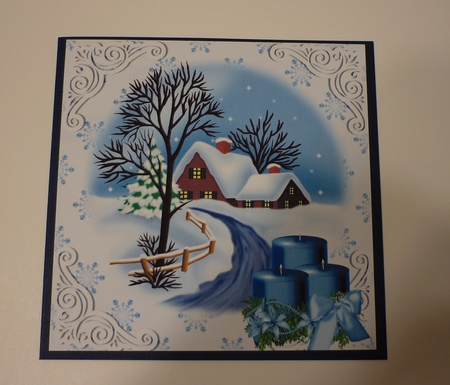 Lovely christmas scene with cottage & blue candles 8x8 by Cornelia Orgahs