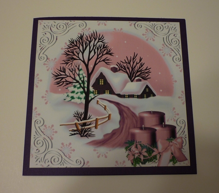 Lovely christmas scene with cottage & pink candles 8x8 by Cornelia Orgahs