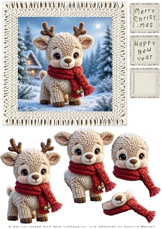 1024×1024 Watercolor Knitted Reindeer – Snowy Forest, Cozy Cabin & Winter Moonlight by Cynthia Massey