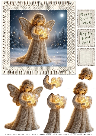 Knitted Winter Angel Holding a Glowing Heart – Luxury Handmade Holiday Illustration  by Cynthia Massey
