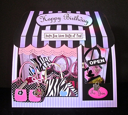 3D Funky Bags Window Pop Up Card Decoupage N Envelope by Cynthia Massey