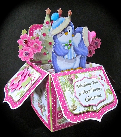 Christmas Kissing Penguins Pop Up Box Card 7.5" by Cynthia Massey