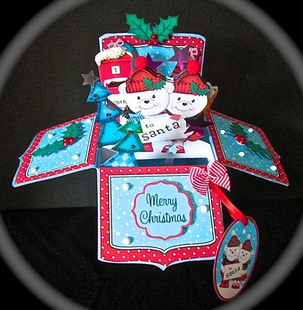 3D Xmas Teddy Tess & Teddy Ed Rubber Band Pop Up Box Card by Cynthia Massey