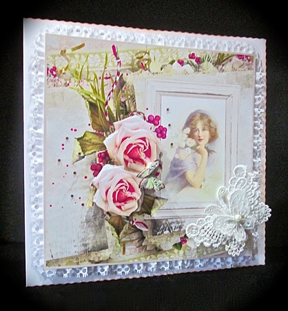 Pink Rose and Vintage Beauty 7x7 Card with Decoupage by Cynthia Massey