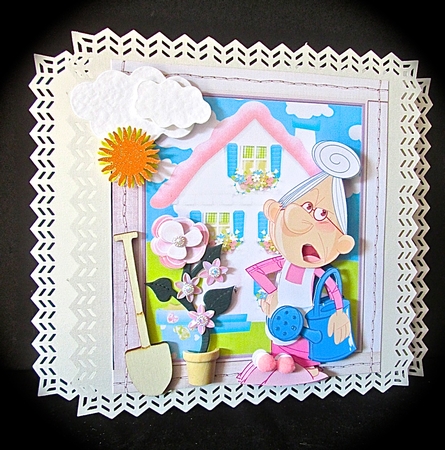 Grannys turn to water the garden 7.5 x 7.5 card with decoupage by Cynthia Massey
