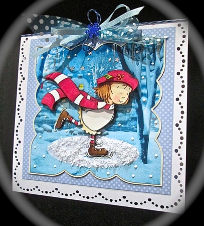 dancing on ice figure eight style card with decoupage and sentiment tags by Cynthia Massey