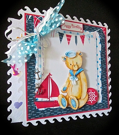 Sailor boy bear 7x7 card with decoupage by Cynthia Massey