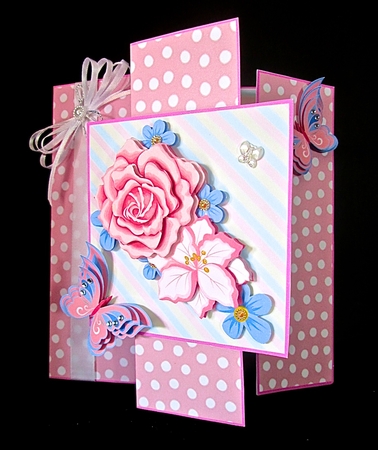Double Front Z Fold Pink Roses & Butterflies by Cynthia Massey