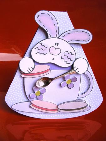 Time for Tea/coffee Bunny Wobble Card by Cynthia Massey