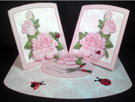 Pink Roses Double Twisted Easel Card with Decoupage by Cynthia Massey